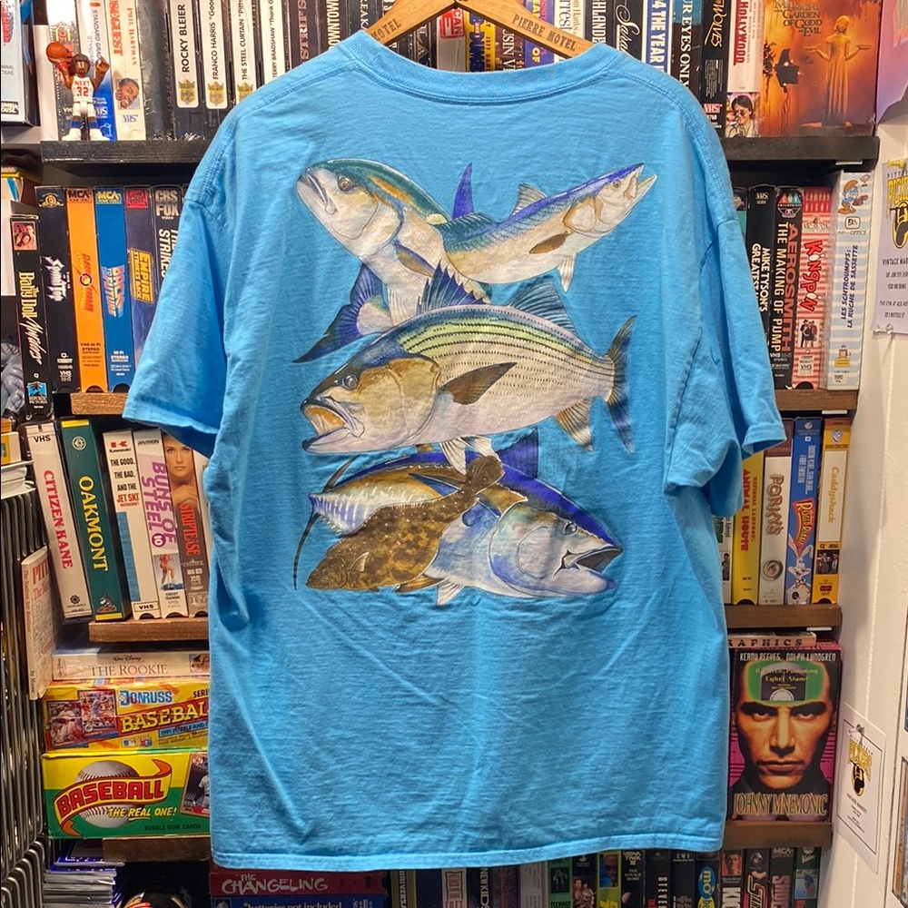 XL VINTAGE GUY HARVEY Blue Fish Tee with Detailed Marine Life Illustration